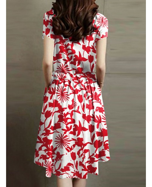 Flower Print Drawstring Pocket Short Sleeve Midi D...