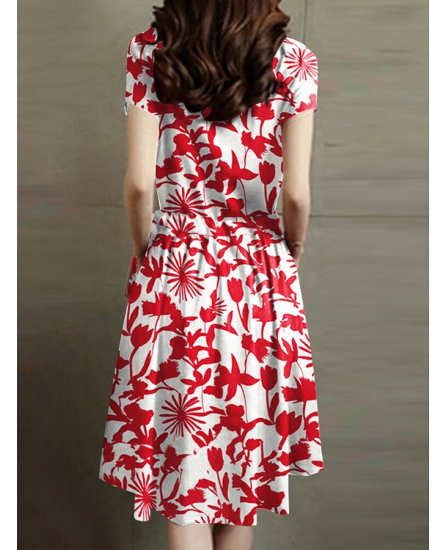 Flower Print Drawstring Pocket Short Sleeve Midi Dress - Black S