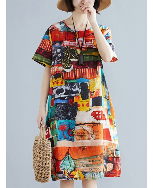 Abstract Painted Pocket Round Neck Short Sleeve Lo...