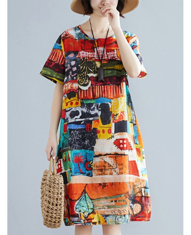 Abstract Painted Pocket Round Neck Short Sleeve Loose Midi Dress - Multicolor S