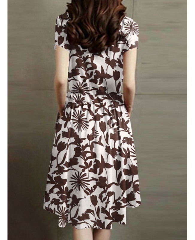 Flower Print Drawstring Pocket Short Sleeve Midi Dress - Black S