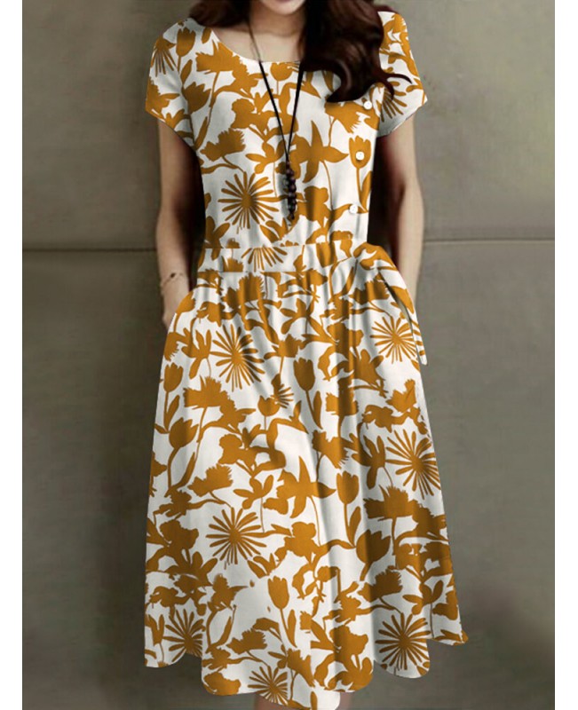 Flower Print Drawstring Pocket Short Sleeve Midi Dress - Black S