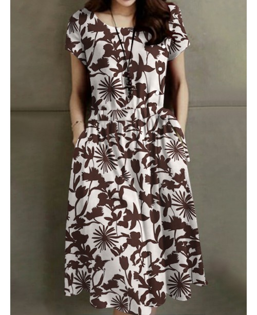 Flower Print Drawstring Pocket Short Sleeve Midi D...