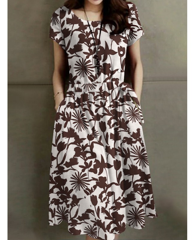 Flower Print Drawstring Pocket Short Sleeve Midi Dress - Black S