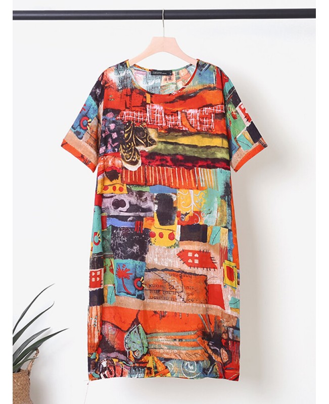 Abstract Painted Pocket Round Neck Short Sleeve Loose Midi Dress - Multicolor S