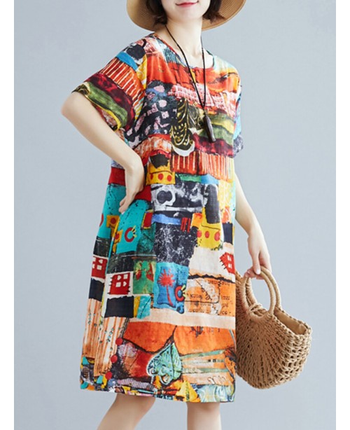 Abstract Painted Pocket Round Neck Short Sleeve Lo...