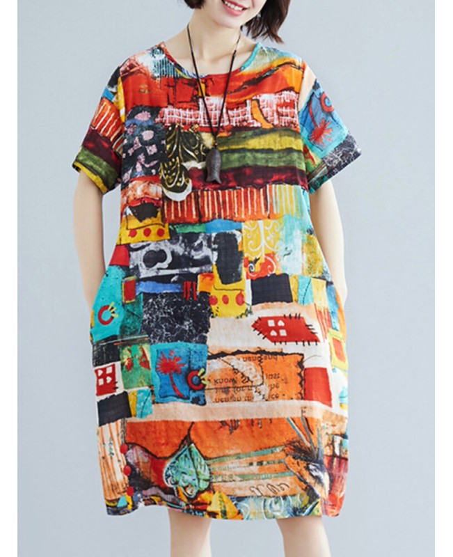 Abstract Painted Pocket Round Neck Short Sleeve Loose Midi Dress - Multicolor S