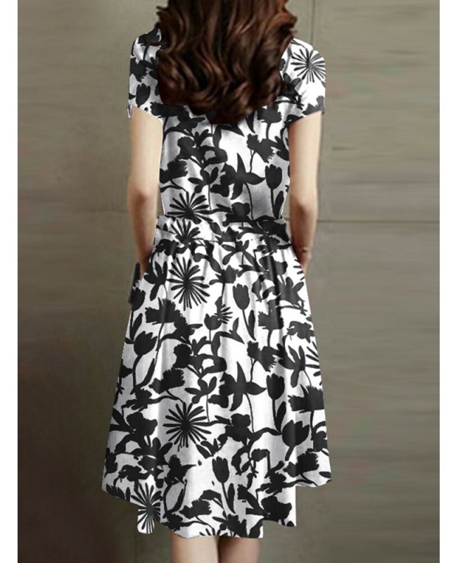 Flower Print Drawstring Pocket Short Sleeve Midi Dress - Black S