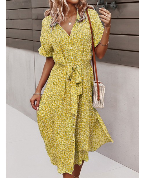 Floral Print Lapel Button Knotted Short Sleeve Dre...