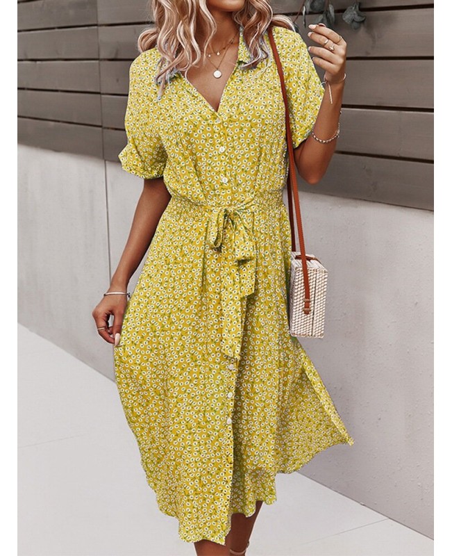 Floral Print Lapel Button Knotted Short Sleeve Dress For Women - Red M