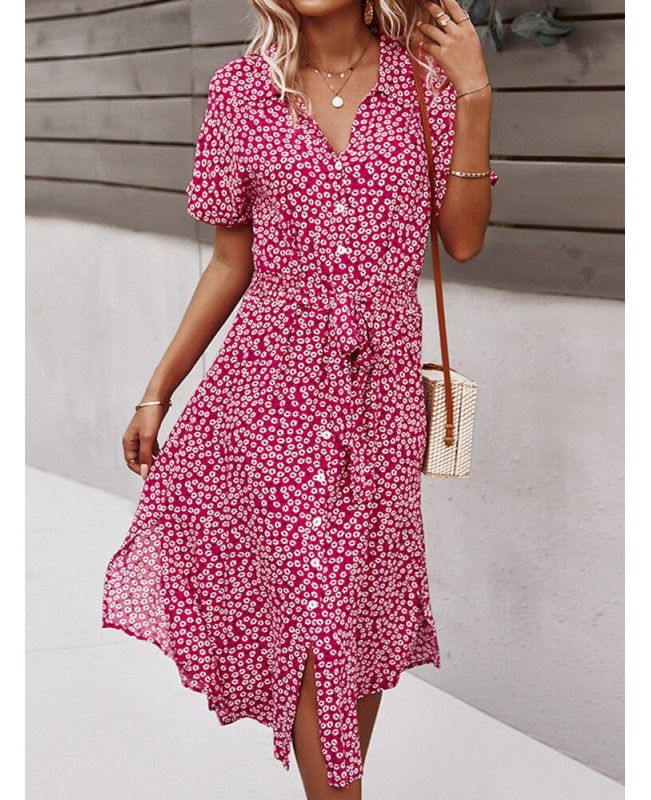 Floral Print Lapel Button Knotted Short Sleeve Dress For Women - Red M