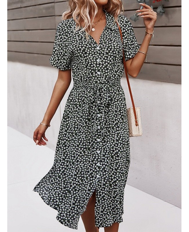 Floral Print Lapel Button Knotted Short Sleeve Dress For Women - Red M