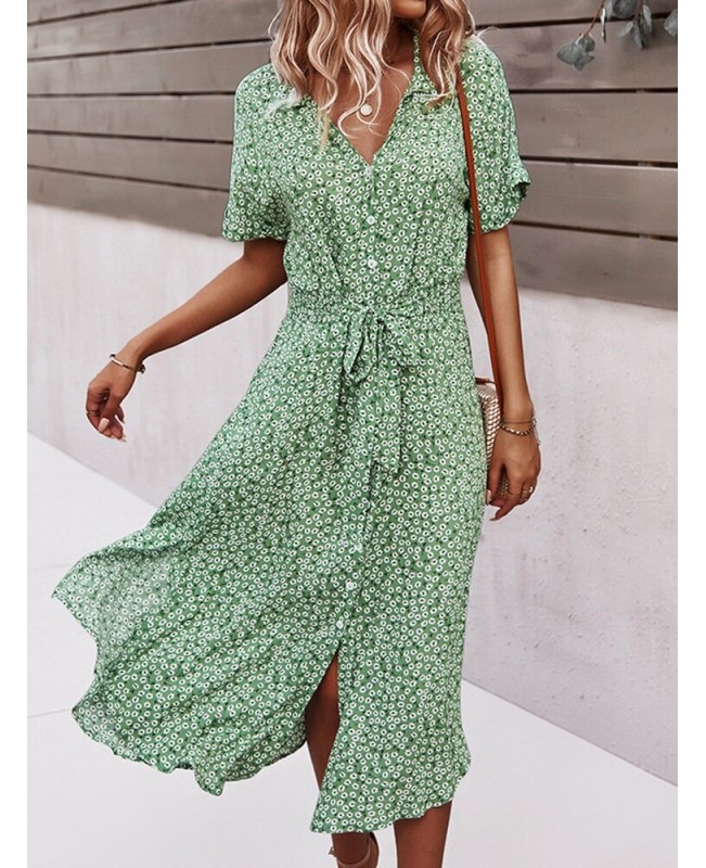 Floral Print Lapel Button Knotted Short Sleeve Dress For Women - Red M