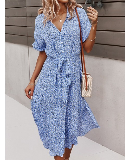 Floral Print Lapel Button Knotted Short Sleeve Dre...