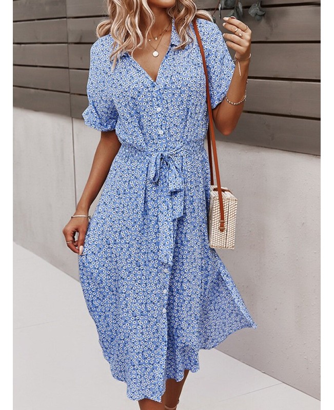Floral Print Lapel Button Knotted Short Sleeve Dress For Women - Red M