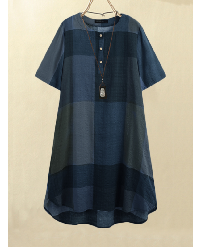 Women Vintage Plaid Print Button Front O-Neck Short Sleeve Loose Casual Shirt Dress With Pocket - blue S Women Vintage Plaid Print Button Front O-Neck Short Sleeve Loose Casual Shirt Dress With Pocket - blue S