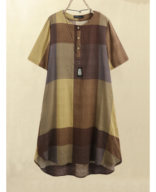 Women Vintage Plaid Print Button Front O-Neck Shor... Women Vintage Plaid Print Button Front O-Neck Shor...