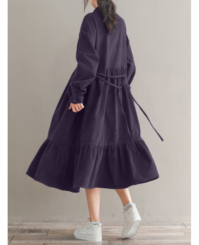 Women Corduroy CasualLace-up Ruffles Hem Loose Full Sleeve Mid-Calf Length Midi Dress - Black S