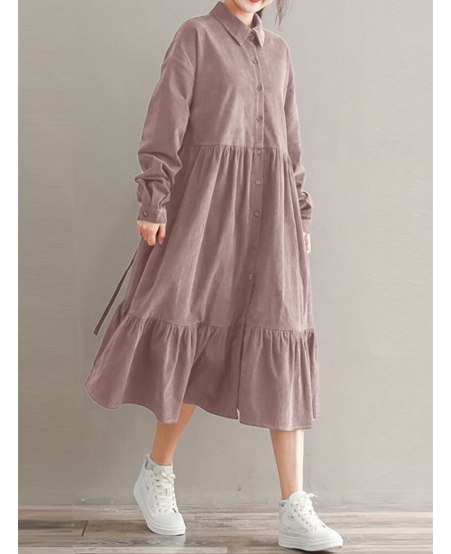 Women Corduroy CasualLace-up Ruffles Hem Loose Ful...