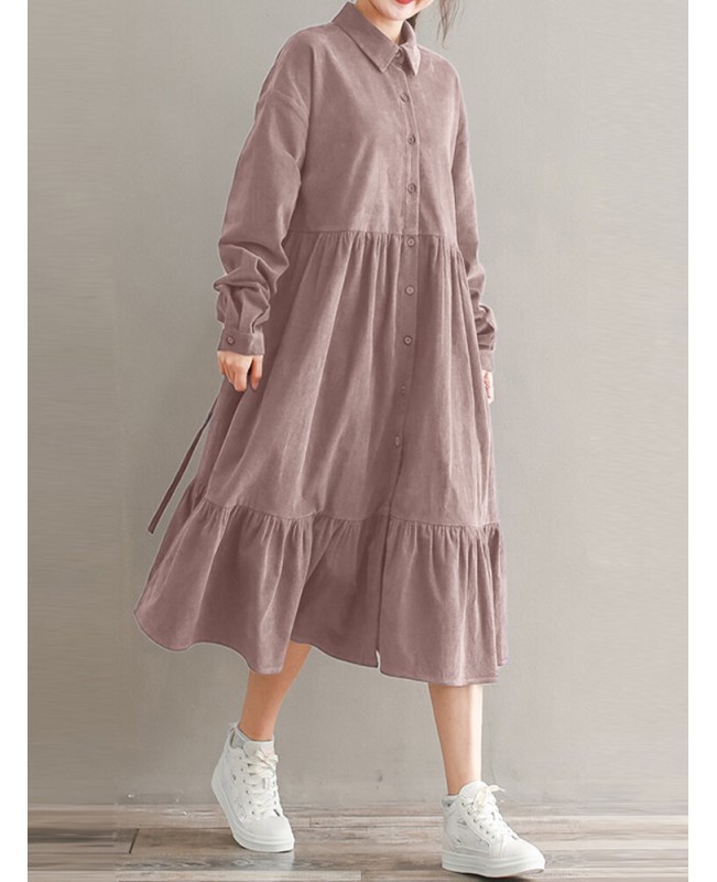 Women Corduroy CasualLace-up Ruffles Hem Loose Full Sleeve Mid-Calf Length Midi Dress - Black S