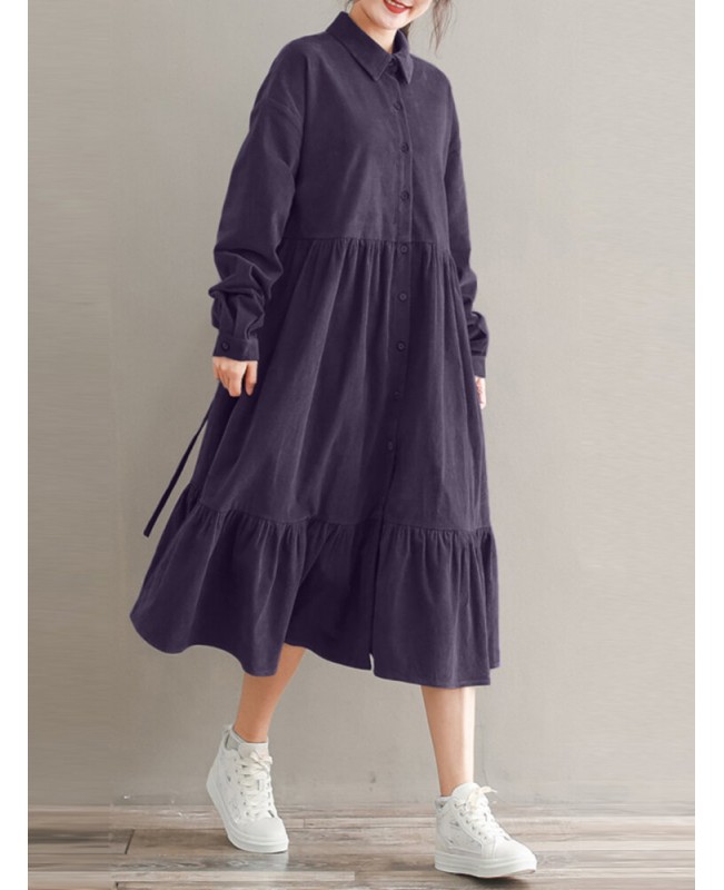 Women Corduroy CasualLace-up Ruffles Hem Loose Full Sleeve Mid-Calf Length Midi Dress - Black S