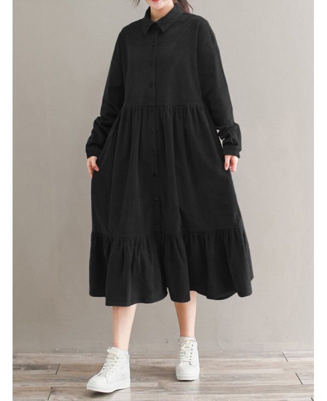 Women Corduroy CasualLace-up Ruffles Hem Loose Full Sleeve Mid-Calf Length Midi Dress - Black S