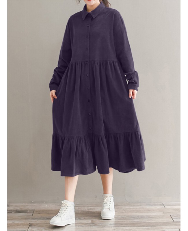 Women Corduroy CasualLace-up Ruffles Hem Loose Full Sleeve Mid-Calf Length Midi Dress - Black S