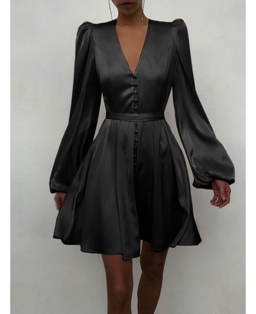 Luster V-Neck Buttons Long Sleeve Casual Dress For...