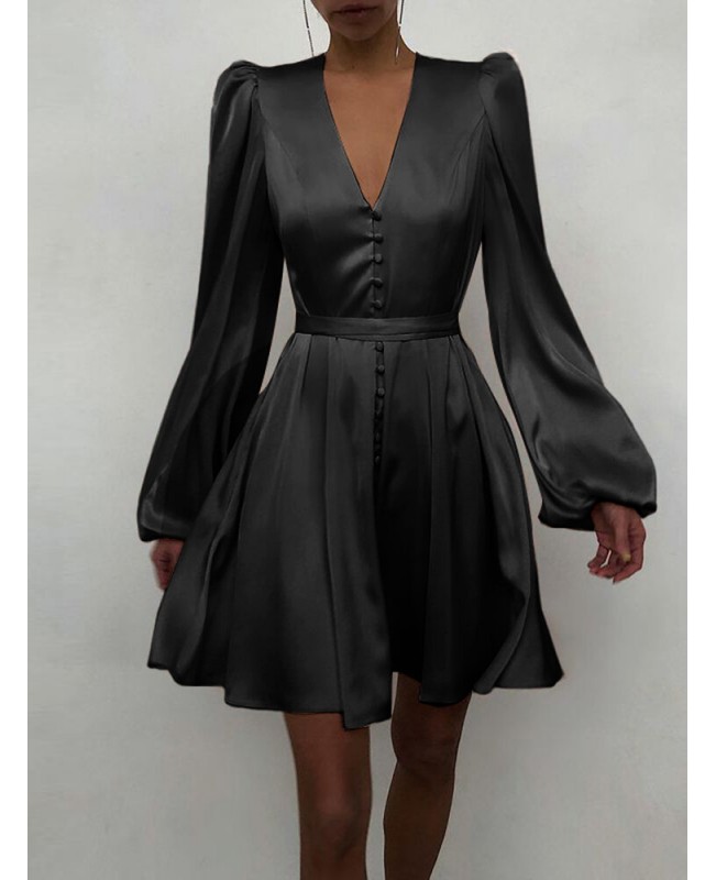 Luster V-Neck Buttons Long Sleeve Casual Dress For Women - Black S