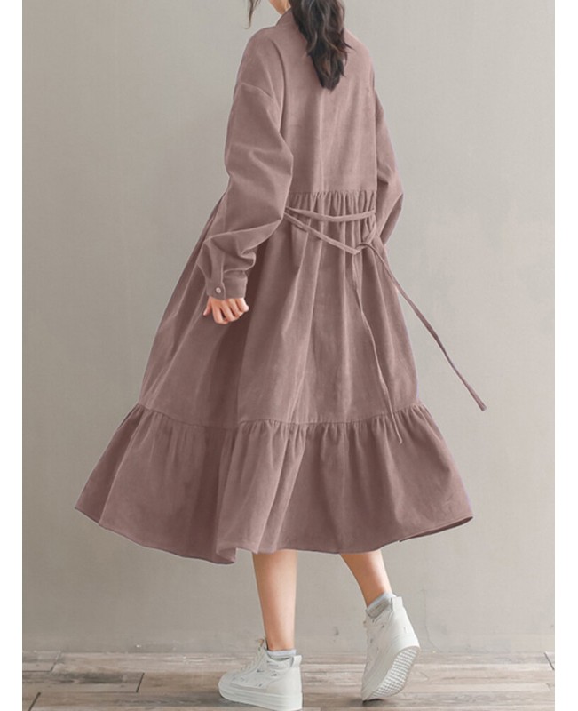 Women Corduroy CasualLace-up Ruffles Hem Loose Full Sleeve Mid-Calf Length Midi Dress - Black S