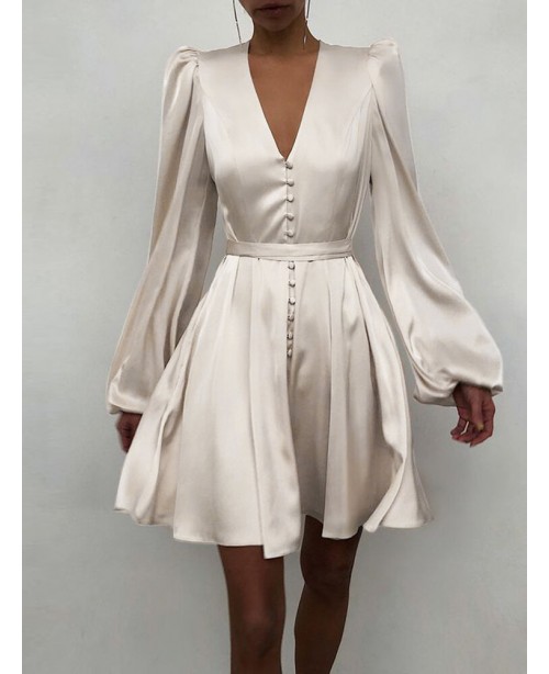 Luster V-Neck Buttons Long Sleeve Casual Dress For...