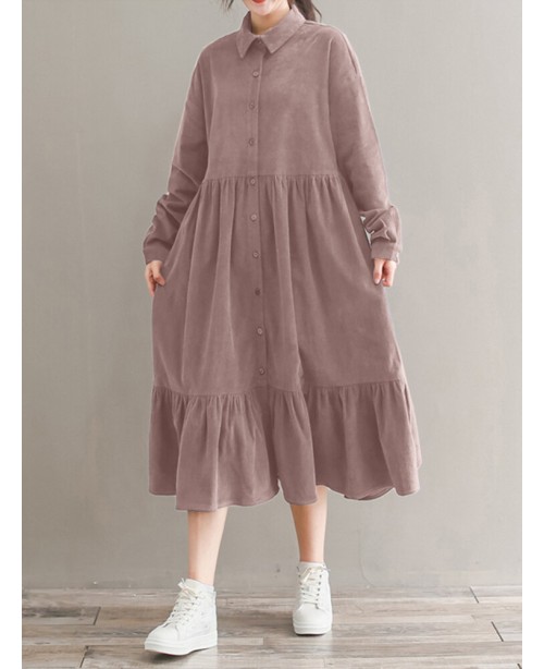 Women Corduroy CasualLace-up Ruffles Hem Loose Ful...