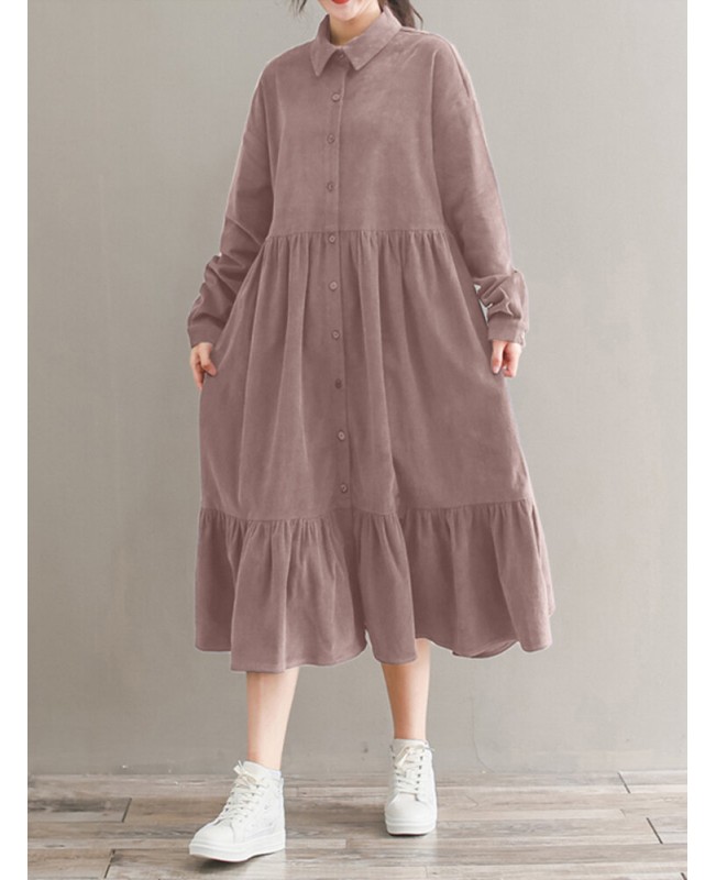 Women Corduroy CasualLace-up Ruffles Hem Loose Full Sleeve Mid-Calf Length Midi Dress - Black S