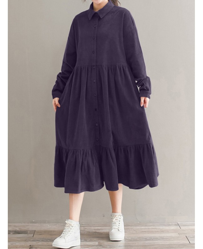 Women Corduroy CasualLace-up Ruffles Hem Loose Full Sleeve Mid-Calf Length Midi Dress - Black S