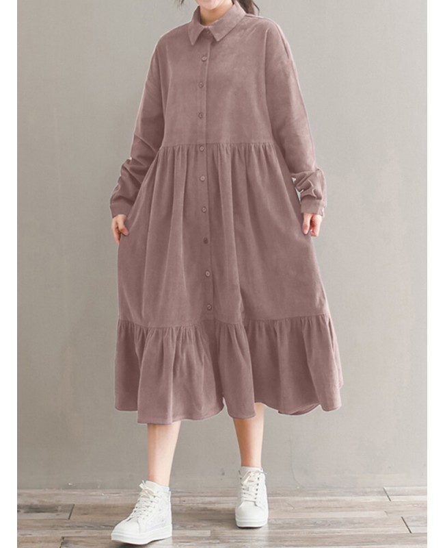Women Corduroy CasualLace-up Ruffles Hem Loose Full Sleeve Mid-Calf Length Midi Dress - Black S