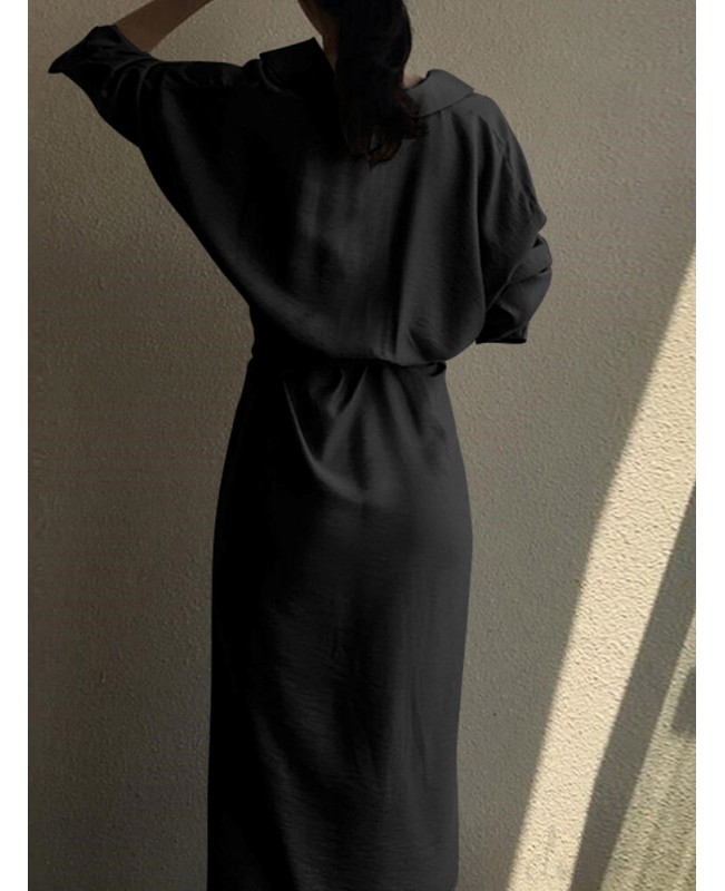 Lapel Long Sleeve V-Neck Solid Sash Midi Dress - Black 3XL
