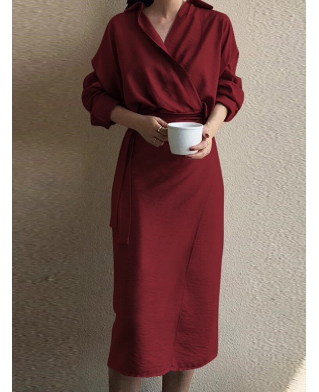 Lapel Long Sleeve V-Neck Solid Sash Midi Dress - Black 3XL