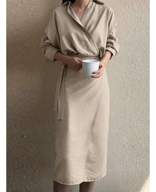 Lapel Long Sleeve V-Neck Solid Sash Midi Dress - B...