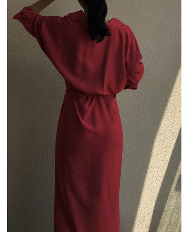 Lapel Long Sleeve V-Neck Solid Sash Midi Dress - Black 3XL