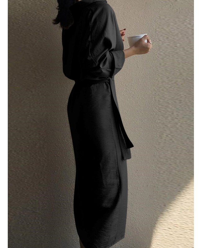Lapel Long Sleeve V-Neck Solid Sash Midi Dress - Black 3XL