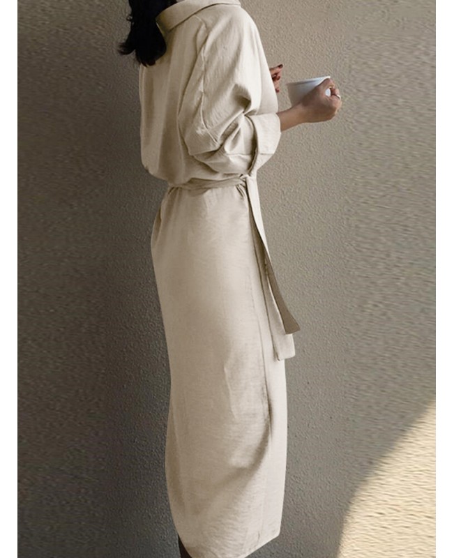 Lapel Long Sleeve V-Neck Solid Sash Midi Dress - Black 3XL