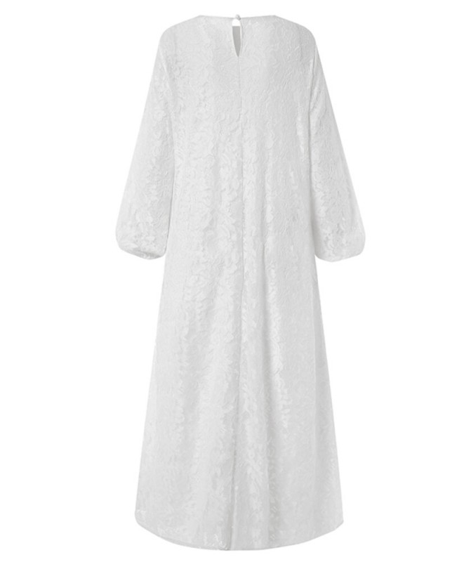 Women 100% Cotton Abaya Kaftan Lace Patchwork Casual Wedding Midi Dress - White S
