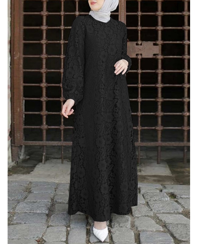 Women 100% Cotton Abaya Kaftan Lace Patchwork Casual Wedding Midi Dress - White S