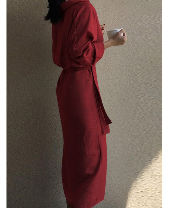 Lapel Long Sleeve V-Neck Solid Sash Midi Dress - Black 3XL