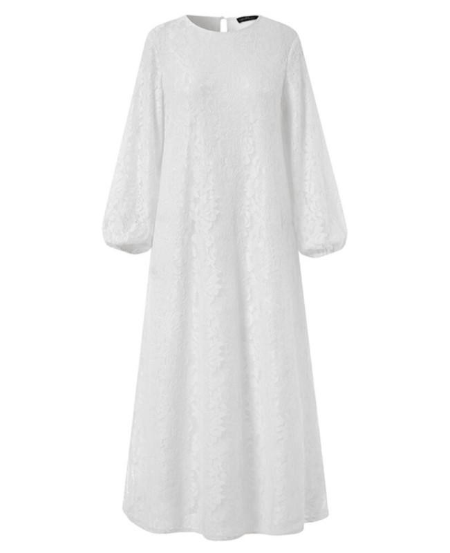 Women 100% Cotton Abaya Kaftan Lace Patchwork Casual Wedding Midi Dress - White S