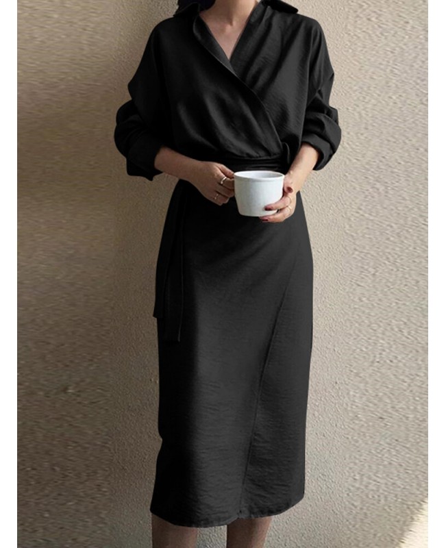 Lapel Long Sleeve V-Neck Solid Sash Midi Dress - Black 3XL