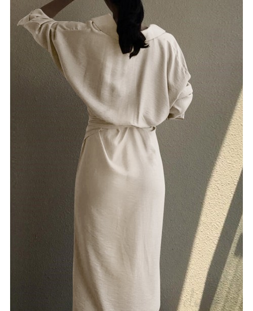 Lapel Long Sleeve V-Neck Solid Sash Midi Dress - B...