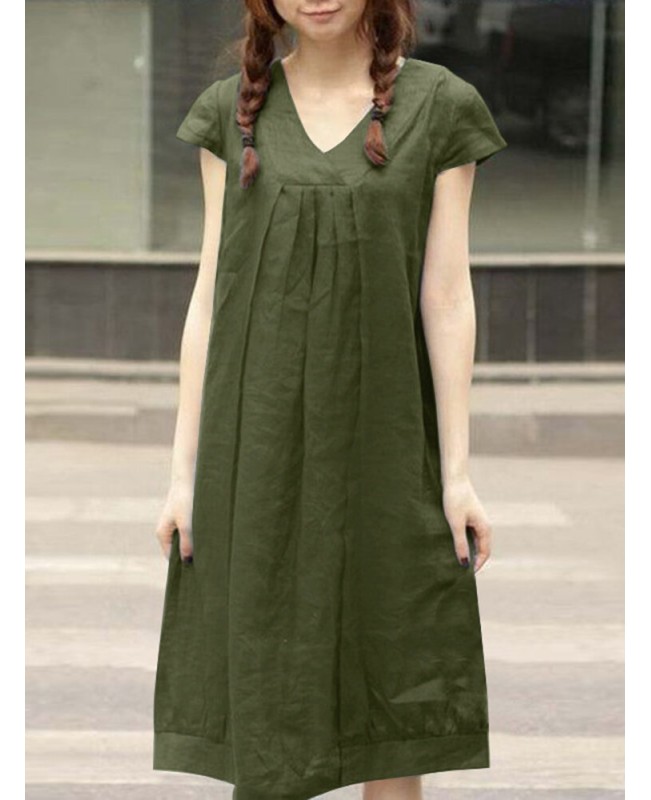 Leisure Solid Ruched Short Sleeve Midi Cotton Dress - blue S