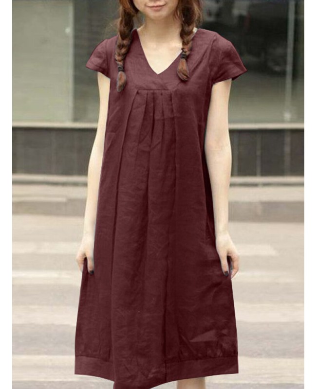 Leisure Solid Ruched Short Sleeve Midi Cotton Dress - blue S