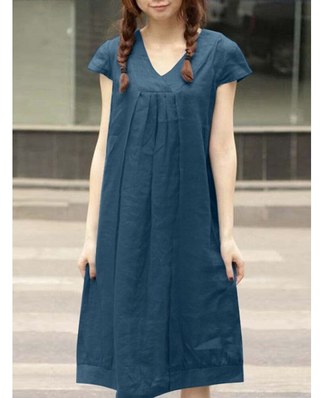 Leisure Solid Ruched Short Sleeve Midi Cotton Dress - blue S